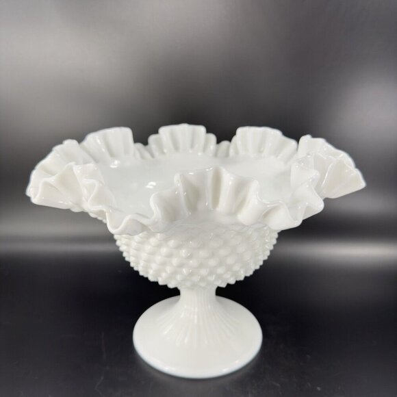 Fenton White Hobnail Footed Compote Ruffled Rim Edges Pedestal Bowl Dish Vintage - Picture 11 of 16